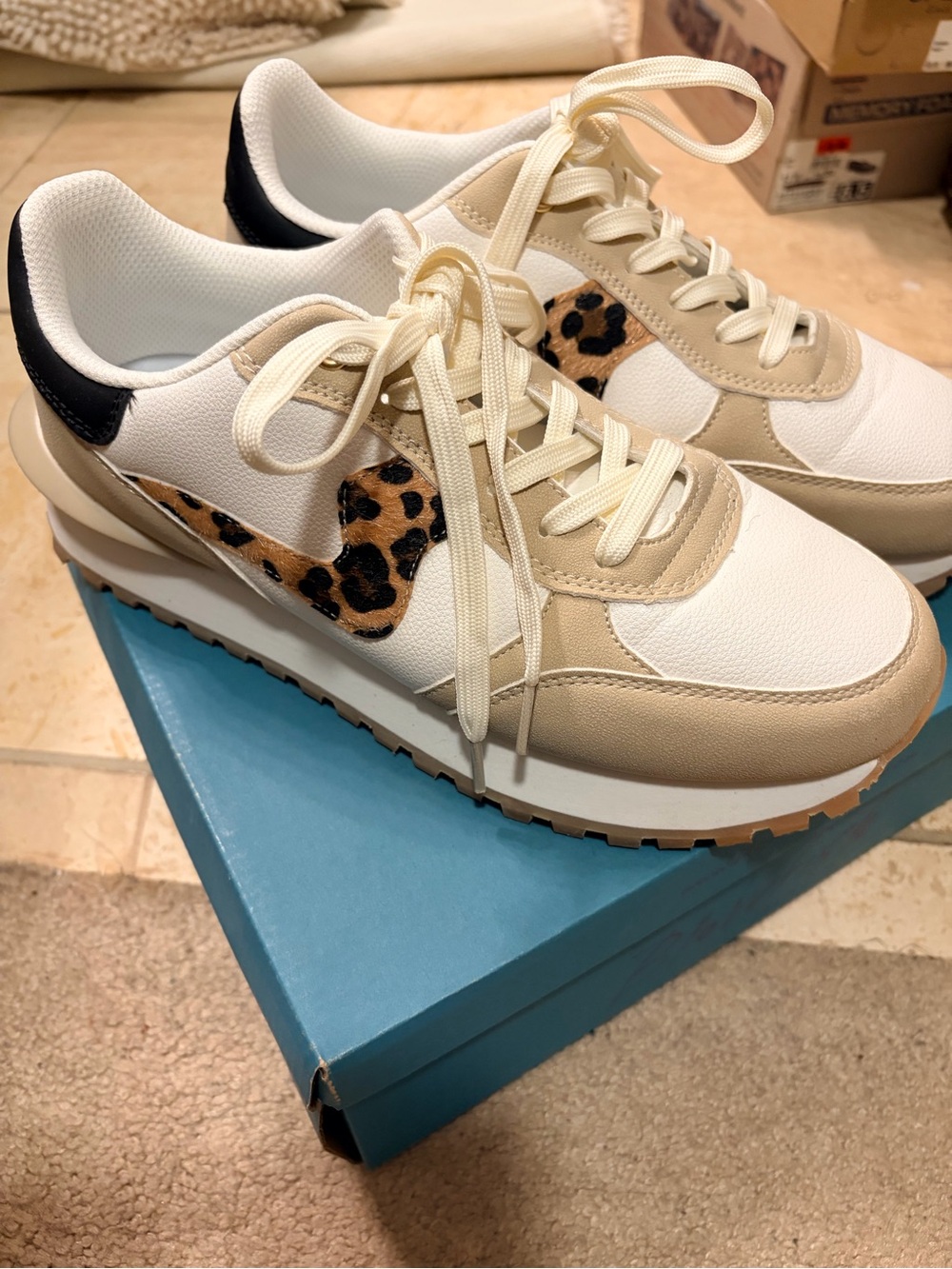 Women’s Beige, White & Leopard Accent Casual Sneakers